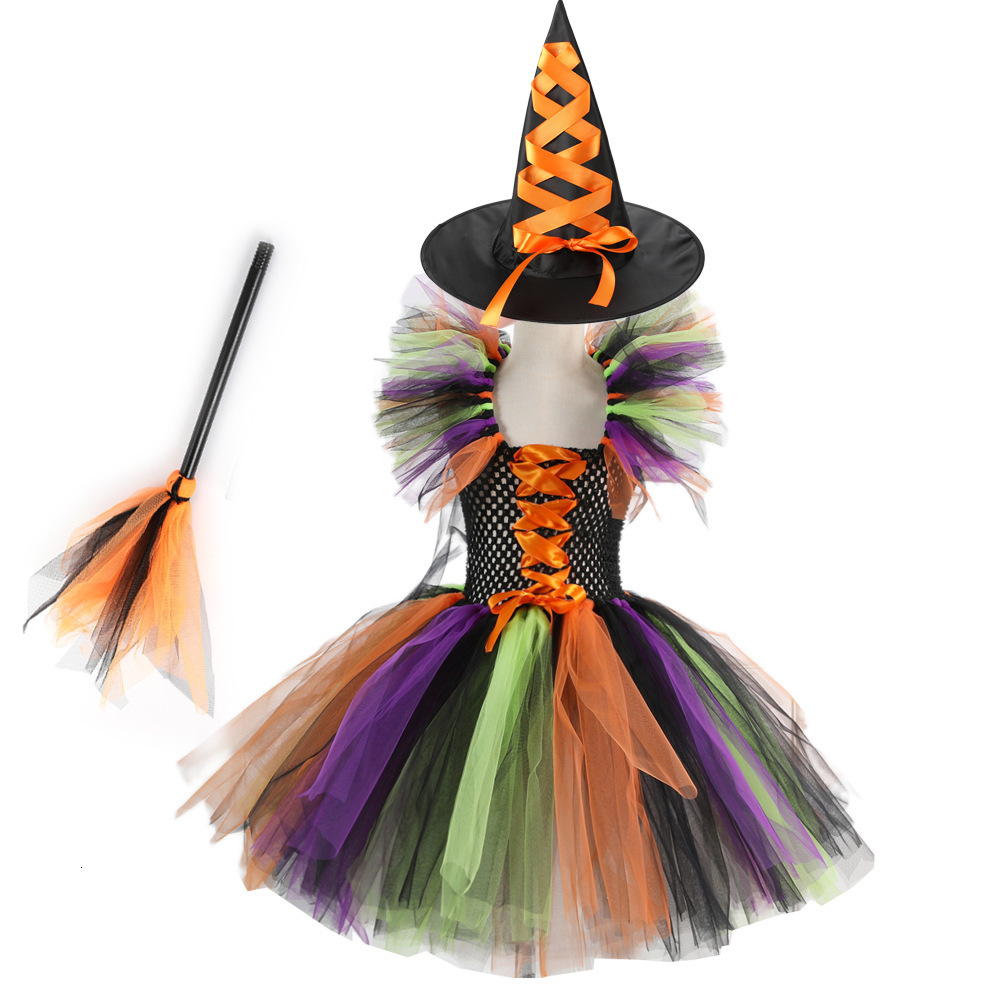 Halloween Childrens Witch Costume Puffy Skirt Girls Masquerade Tutu Skirt Performance Costume Girls Party Toddler Kids Pumpkin Carnival Evening Dresse