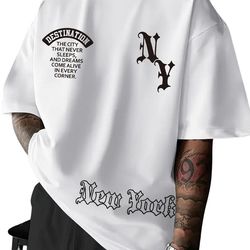 Men's Streetwear New York "NY" Graphic Oversized T-Shirt - "The City That Never Sleeps" Slogan Casual Tee-26