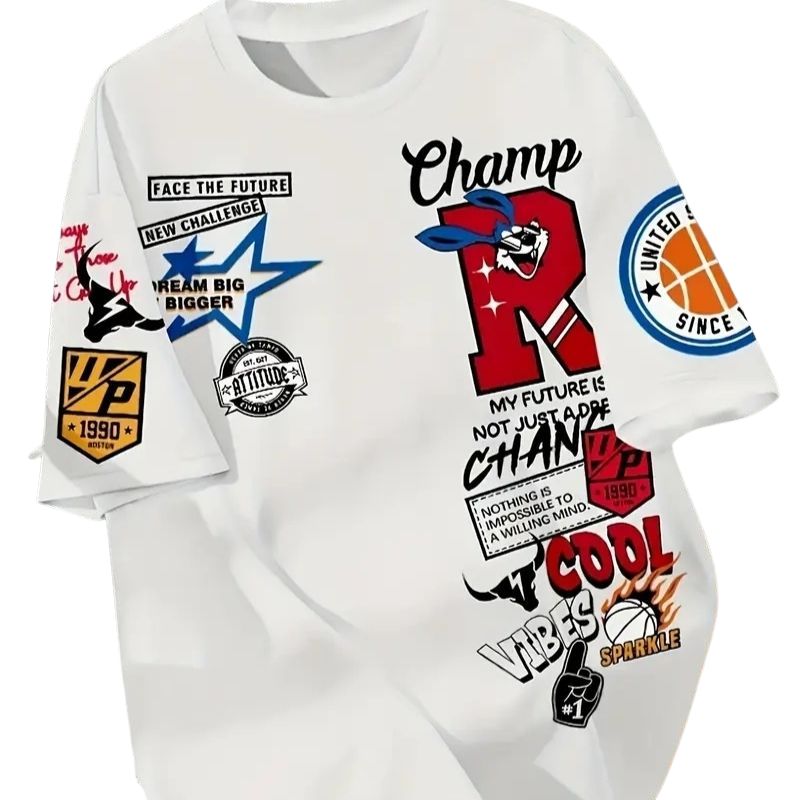 Men's Streetwear "Champ R" Motivational Graphic Oversized T-Shirt - Basketball & Inspirational Slogan Casual Tee-27