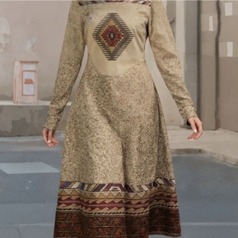 Women's Autumn Vintage Floral Print Long Sleeve Midi Dress - Versatile Casual Khaki Dress-CF40536