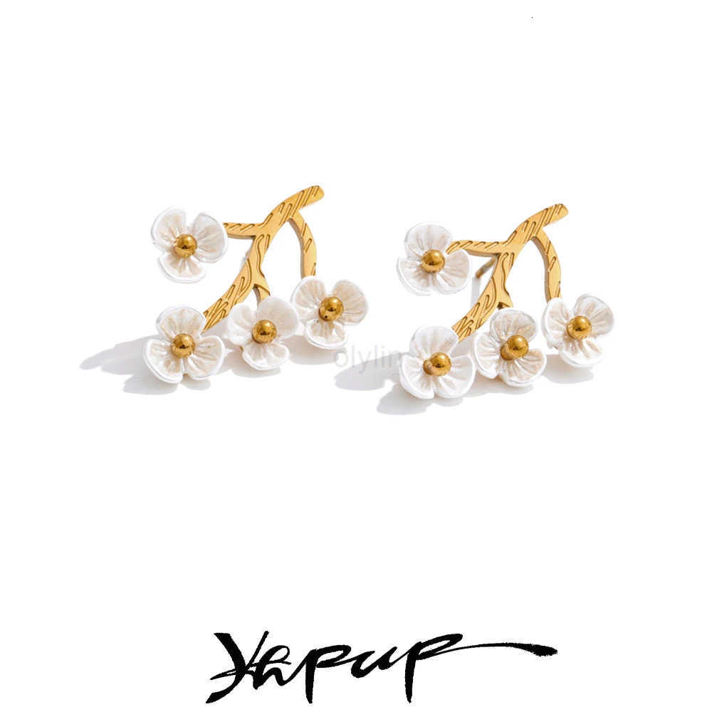 Yhpup Sweet Plastic Flower Korean Stud Earrings 18K Gold Color PVD Plated Stainless Steel Trending Fairy Jewelry 2025 Gift M251009