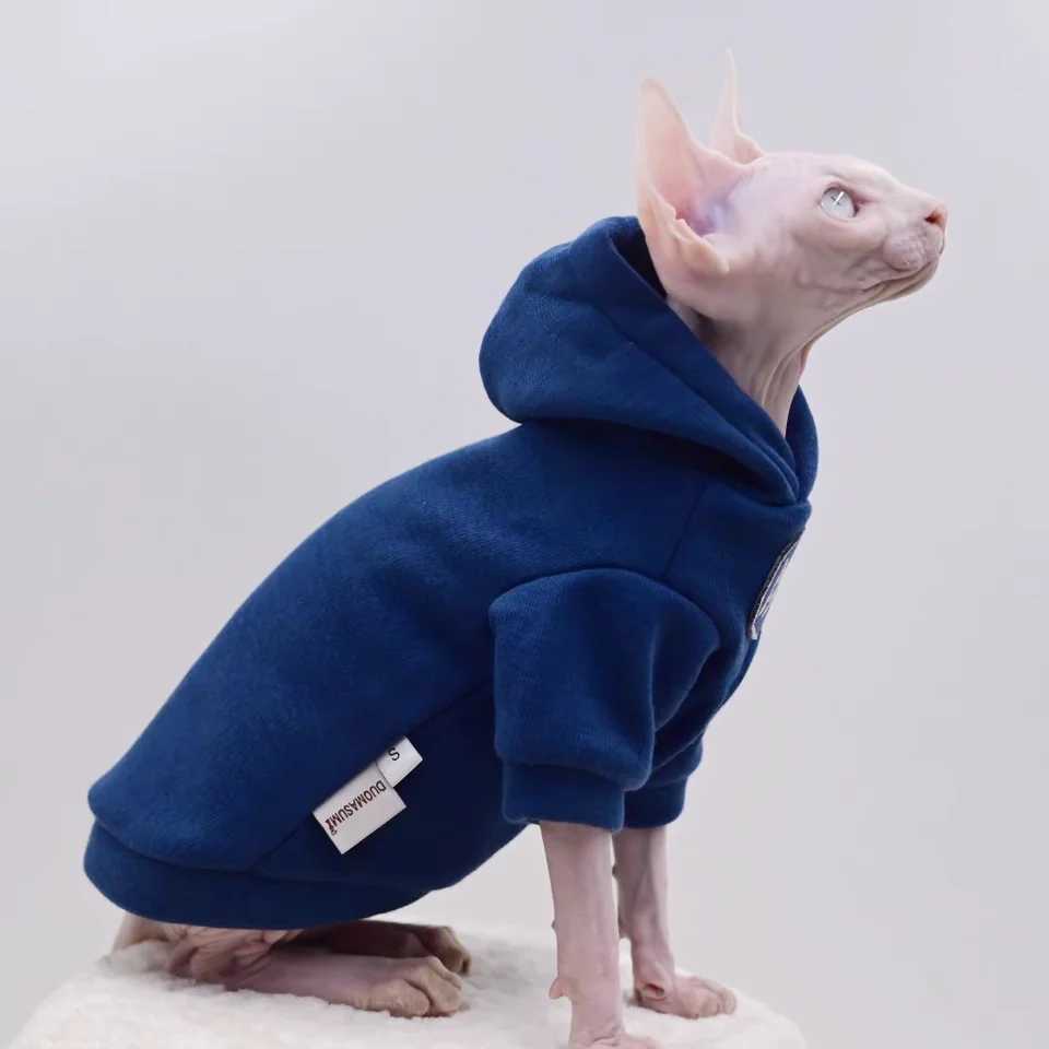 Dark Blue Thick Sweatshirt for Male Cat Winter Warm Hooded Jacket for Sphinx Kittens Spring Autumn Fashion Coat for Small Dogs C251009