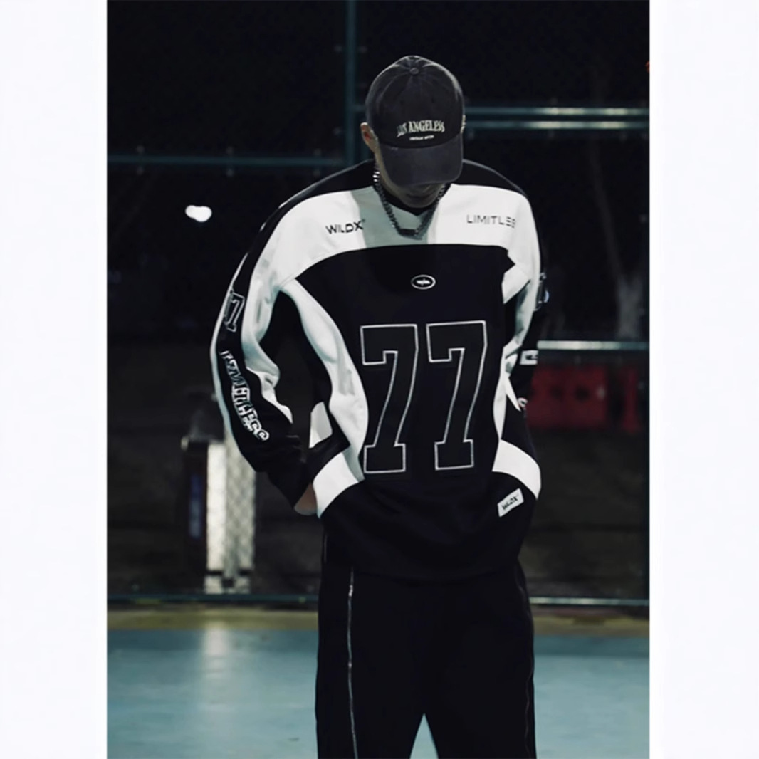American Retro 77 Motorcycle Jacket Long Sleeve Men's Designer Shirt Autumn Street Style Cool Designer Hoodie Patchwork Sports Basketball Hockey Sweatshirt