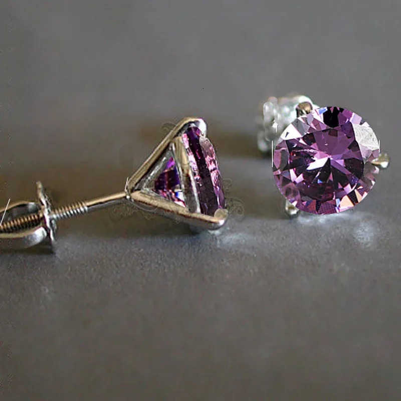 ThreeProng Martini 1ct Round Purple Amethyst Stud Earrings White Gold Color Bride Wedding Engagement Jewelry Gifts U251009