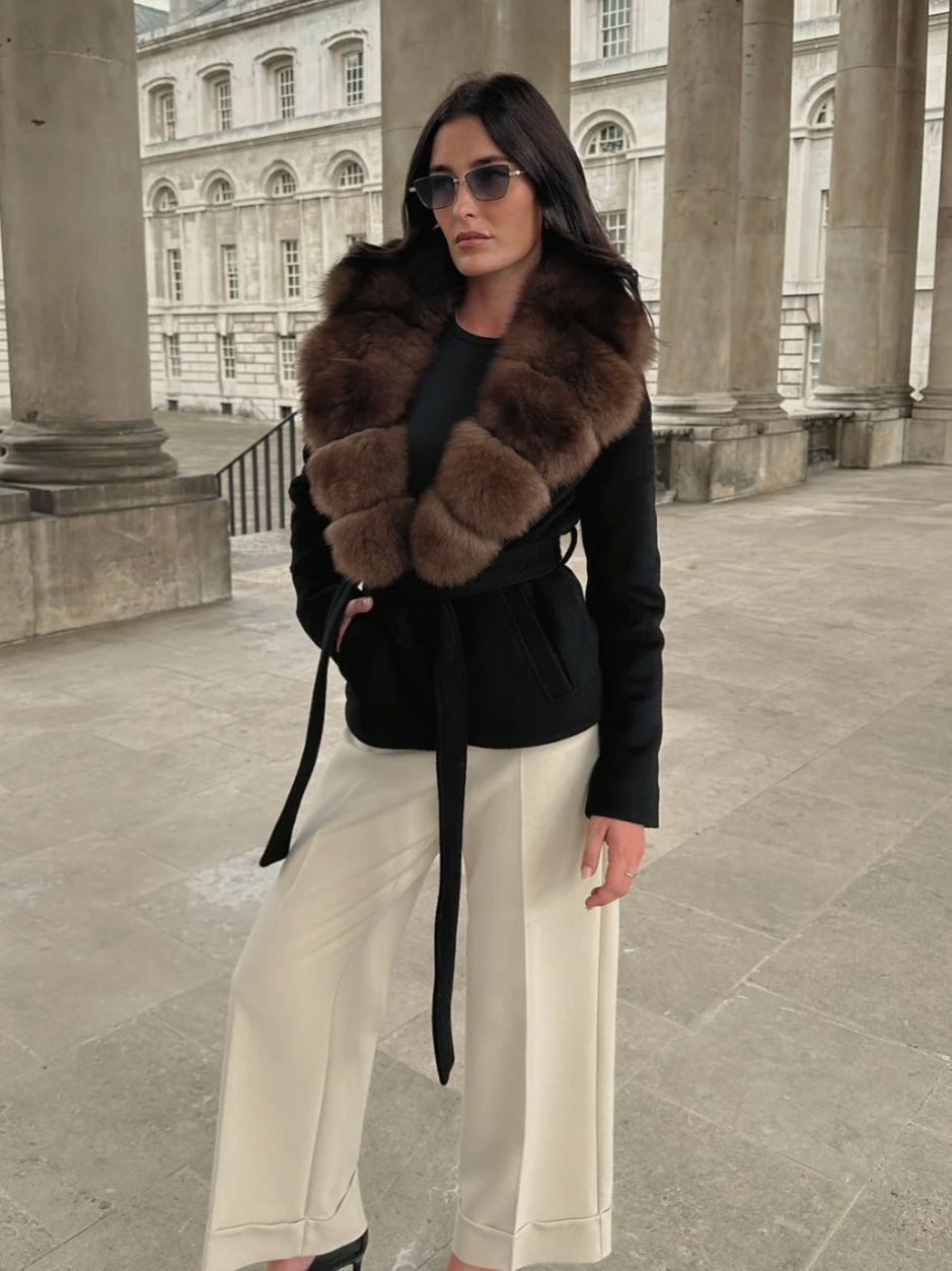 2025 autumn and winter new product temperament socialite fur collar waist cinching strap woolen coat jacket high-end feeling