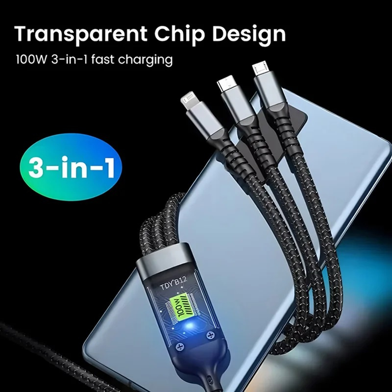 100W 3 In 1 Transparent Pilot Lamp Super Fast Charging Cable 6A Universal with Type C Usb Micro for Samsung Huawei Xiaomi IiPhone 17 16 15 14 13 12 Pr