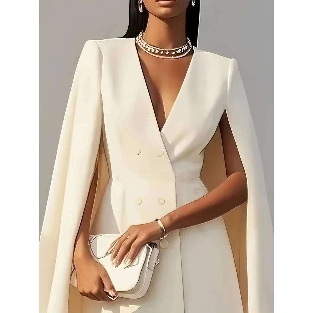 Women Fashion Commuter Solid Blazers Office Double Breasted Waist Party Elegant V-neck Shawl Cape Sleeve Midi Dress