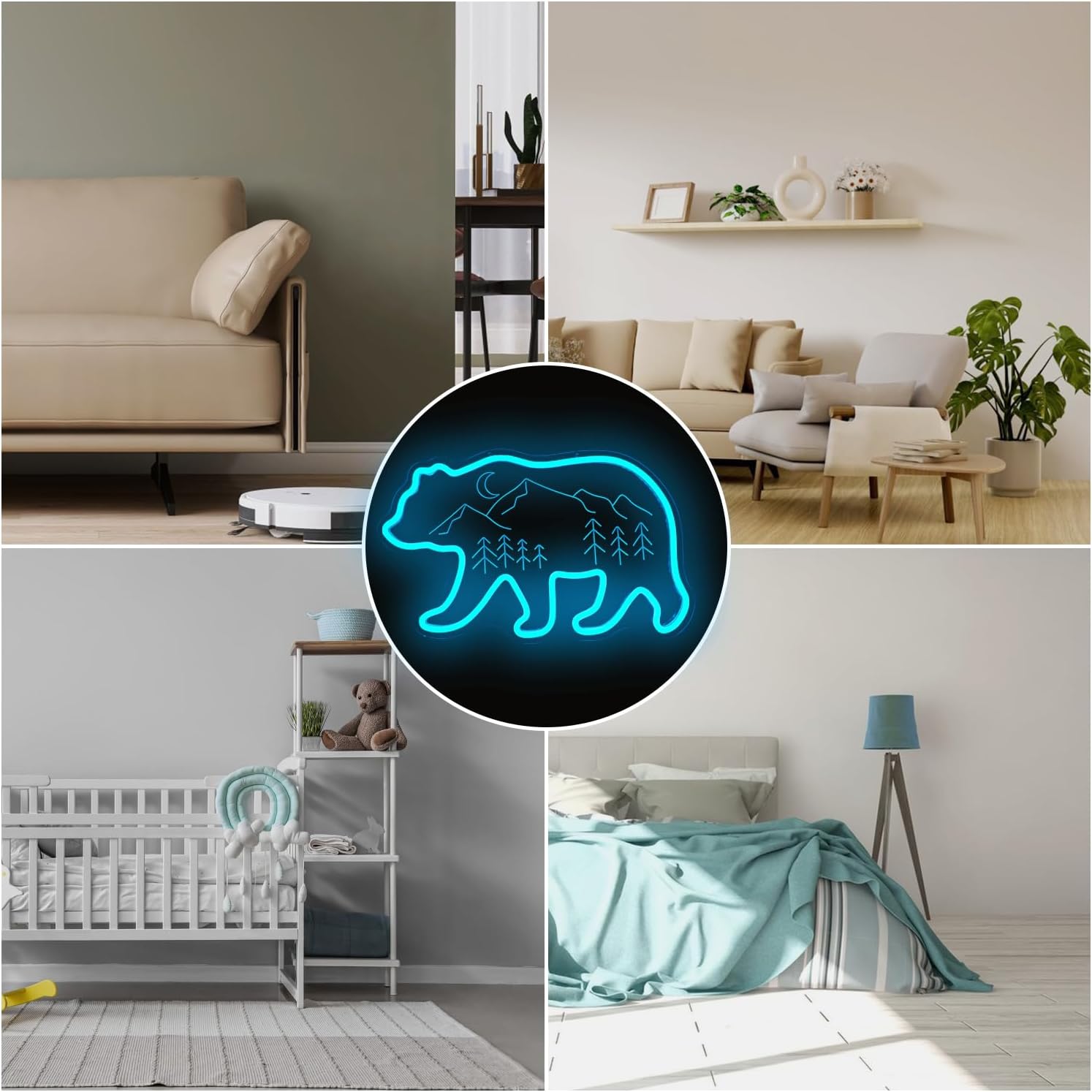 Grizzly Bear Neon office living room Mountain view Wall decoration Forest animal decoration