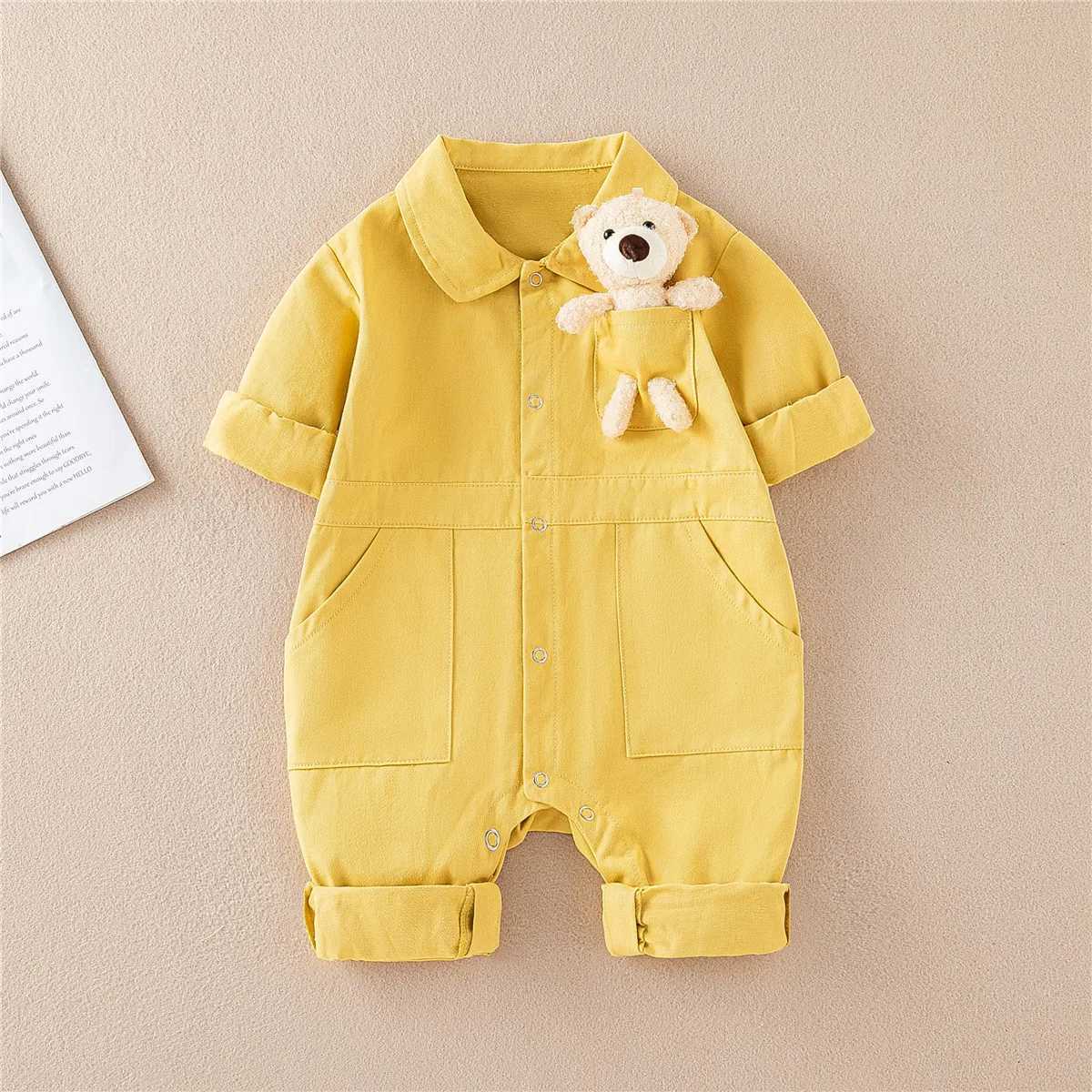 Spring Denim Baby Jumpsuit Cartoon Pocket Bear Romper for Boys Girls Newborn Overalls Korean Style Onesie Autumn Kids Clothing C2510091