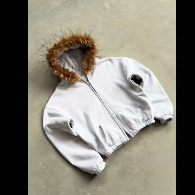 Solid Color Fur Collar Zipper Hoodie Unisex Loose Versatile Sweatshirt Streetwear Top