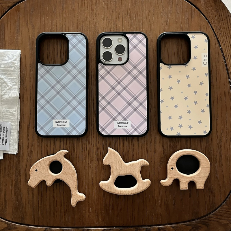 Compatible with iPhone 17 Case Cute Pink Grid Aesthetic Design Ins Style Pattern Wooden Horse Stand Shockproof TPU Hard PC Protective Cover for Girls 