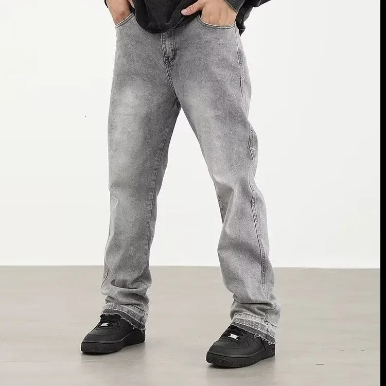 Light Grey Washed Mens Loose Straight Leg Jeans Tapered Hem Long Summer Thin American High Street Style Casual Pants 251008