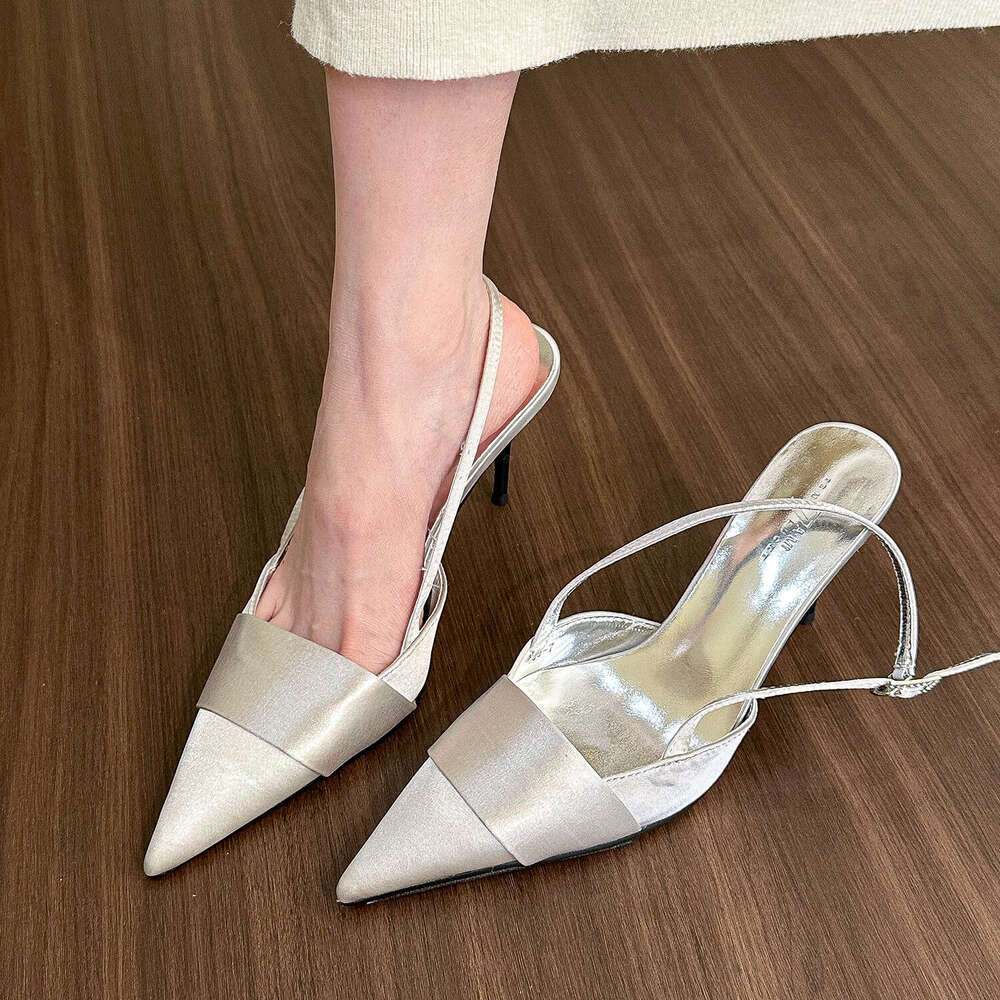 Shoe Designer Cool and Elegant Large Size Pointed Toe Silver Satin Sandals for Women, Closed Toe, Open Back, Thin Heel, Spring 2024 New High Heels Women, , Back, Heel,