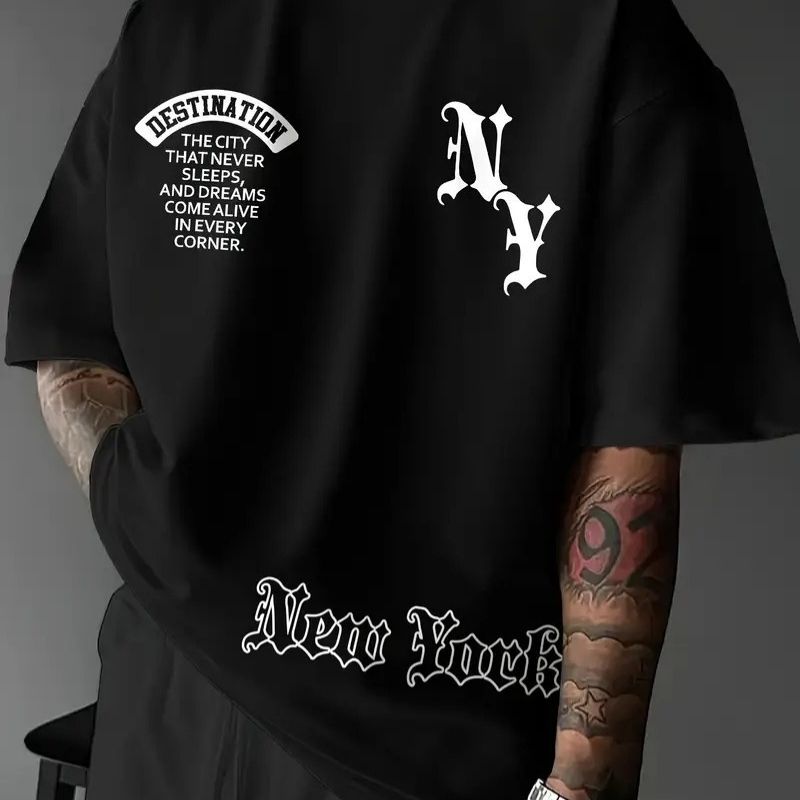Men's Streetwear New York "NY" Graphic Oversized T-Shirt - "The City That Never Sleeps" Slogan Casual Tee-26