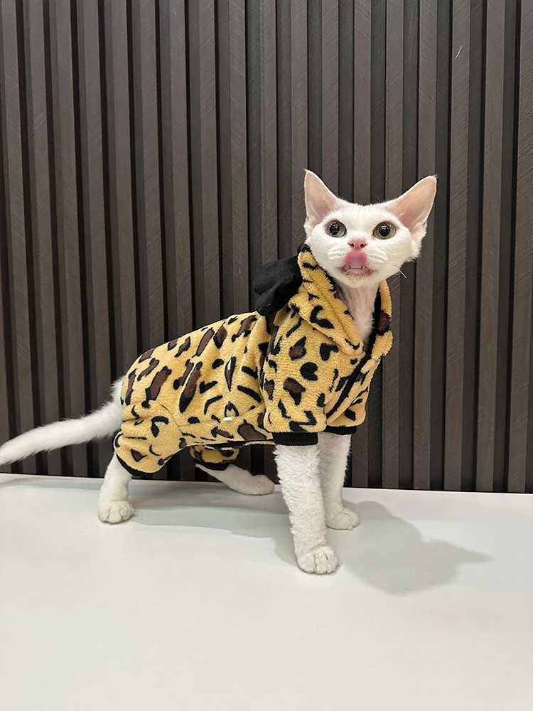 Cat Clothes Winter Warm Fleece Leopard Pattern hooded Sweatshirt for Sphynx thick Costume for Kittens Soft Coat for Devon C251009