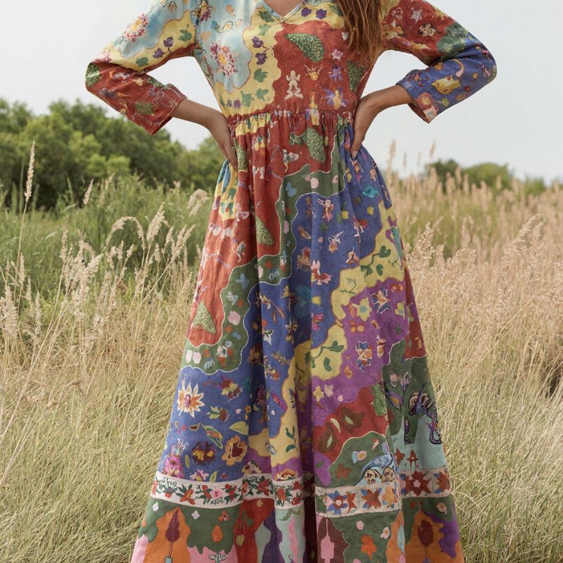 Women's Autumn New Plant Print V - Neck Long Sleeve Maxi Dress - Fashion Vacation Milk Silk Dress-CF51105