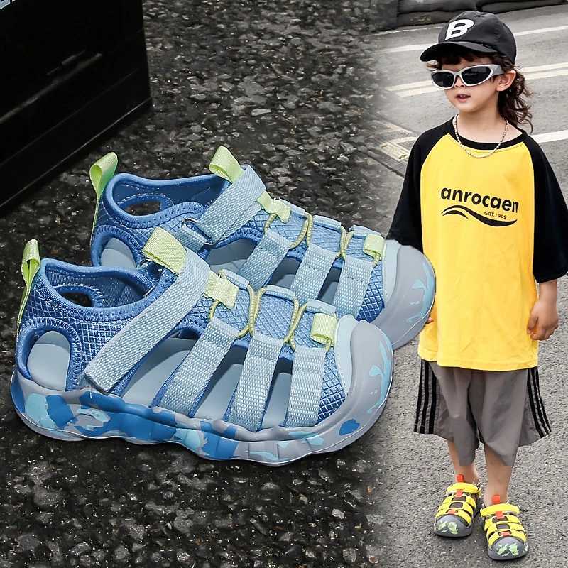 Childrens sports sandals 2025 summer new girls Velcro toe cap sandals lightweight anti slip boys beach shoes J251027