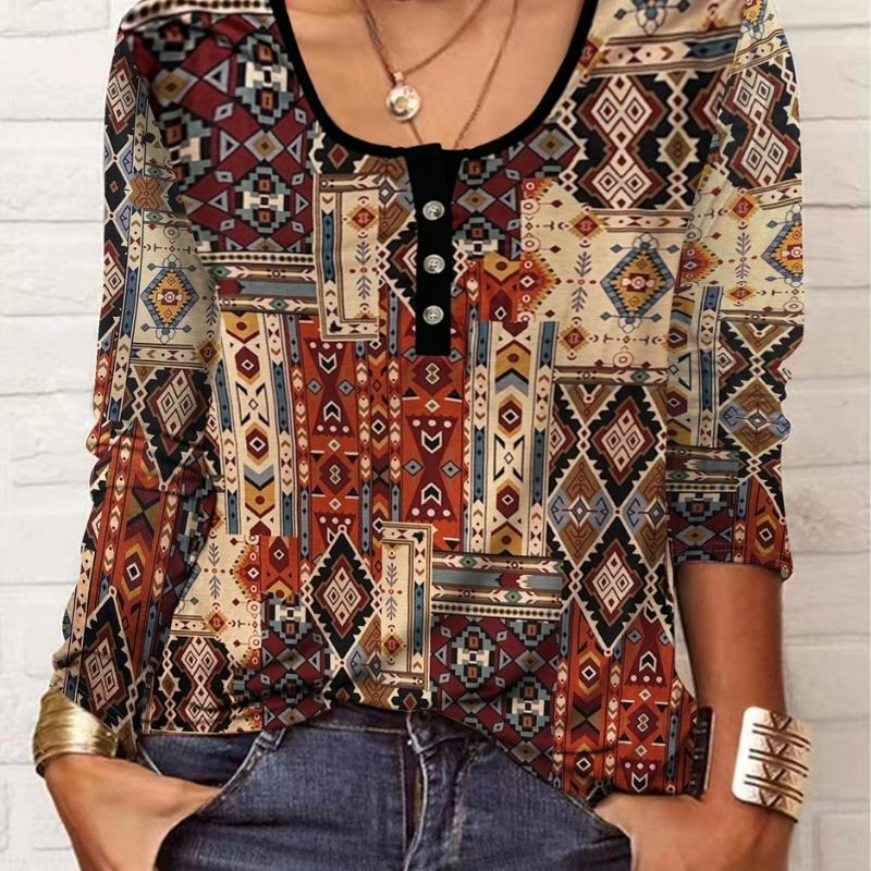 Women's Ethnic Style Geometric Print Long Sleeve Top - Vintage Coffee - Colored Milk Silk Casual Blouse-CF23350