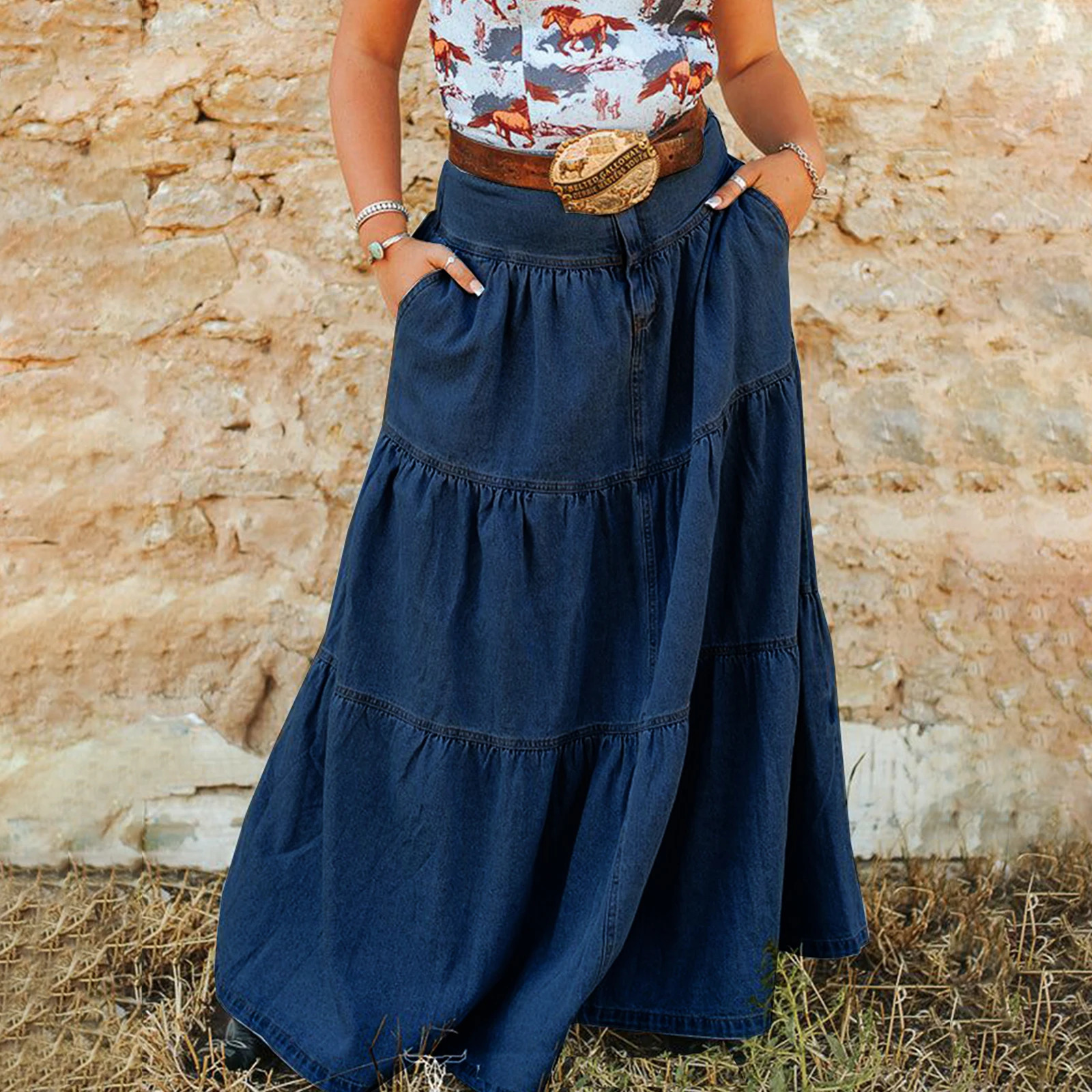 2025 Fashion Womens Denim Long Skirt Stylish Solid High Waist ALine Jean for Summer Spring 250922