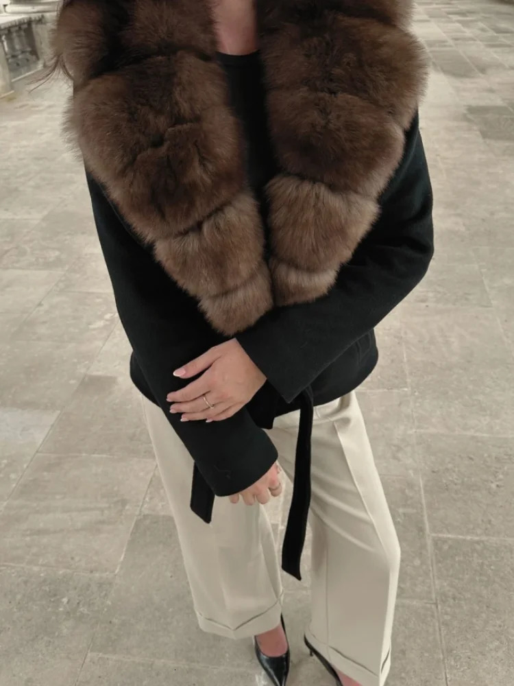 Elegant Shawl Faux Fur Women Coat Lace Up Full Sleeve Belted Waist Lapel Woolen Female Jacket Autumn Winter Lady Outwears 251008