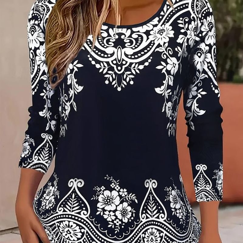 Women's Autumn Winter New Fashion Floral Print Long Sleeve T - shirt - Casual Versatile Crew Neck Top-CF51200