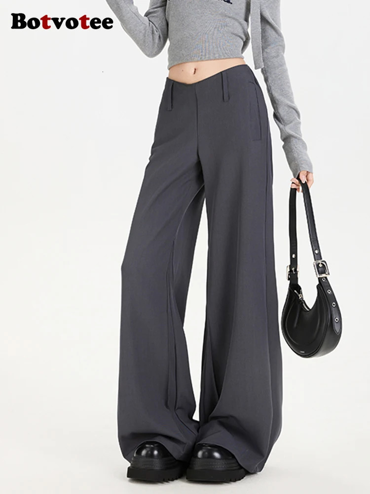 Botvotee Womens VWaist Low Rise Trousers Flared Wide Leg Dress Pants American Retro Drag Hem Fluid Drape Office 2501008