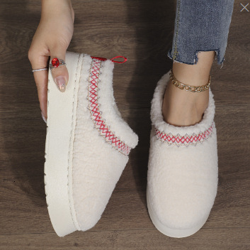 New Thick Bottom Lamb Wool Ethnic Style Women's Snow Boots Closed Toe Outdoor Plush Warm Cotton Slippers Designer Shoes