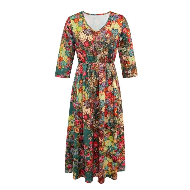 Women's Autumn Winter Fashion Floral Print Long Sleeve Dress - Elegant Versatile Waist - cinching V - Neck Midi Dress-CF51172