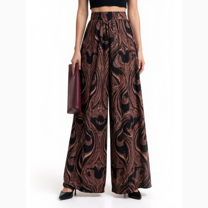 Women's Autumn Winter Ethnic Floral Print Wide - Leg Pants - Loose Elastic Waist Casual Trousers-CF55028
