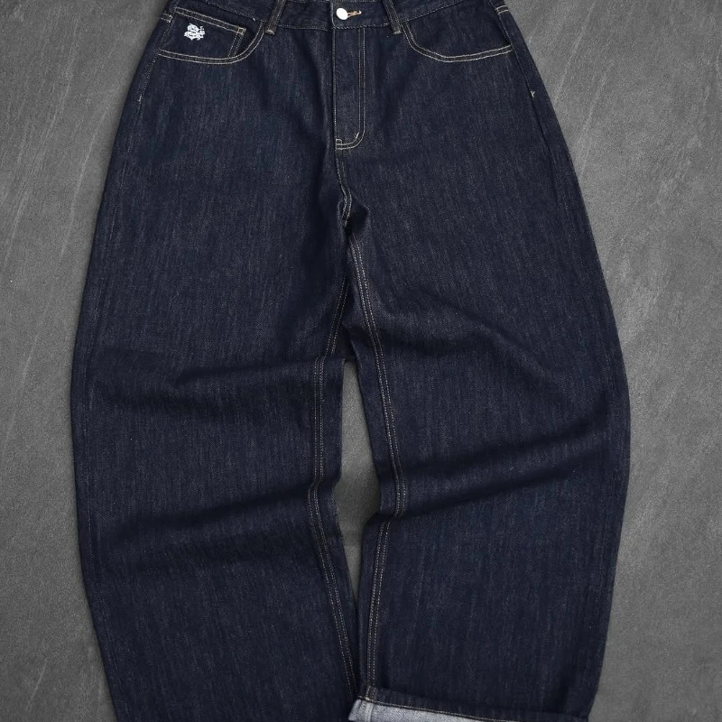 Fromszn raw baggy jeans Y2K retro art font embroidery black jeans Harajuku hip hop unisex woven washed patchwork wide leg pants 251008