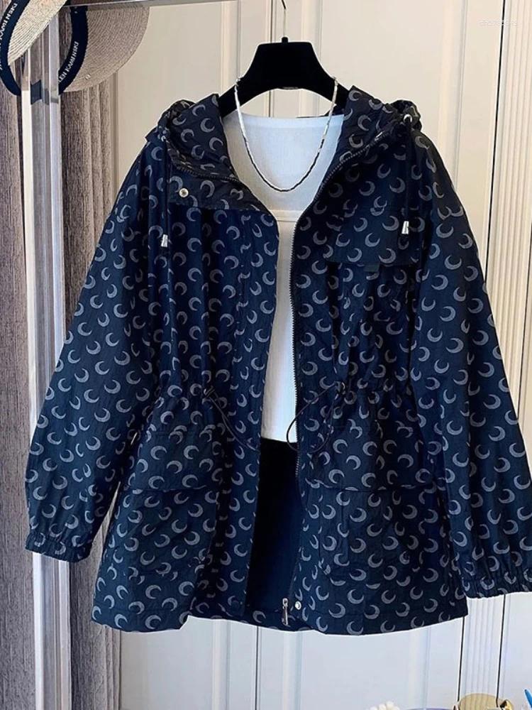 Women's Jackets 2025 Korean Print Mid-Length Sun Protection Clothing Women Loose Wild Jacket Hooded Spring Summer Zipper Windbreaker Female