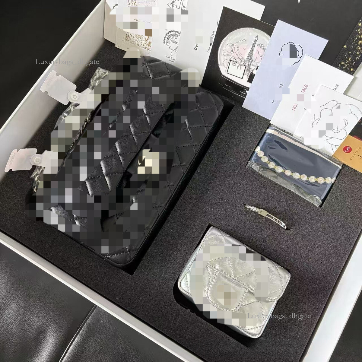 Membership VIP Gift Designer Bag Four Luxury Bag Piece Set Black Silver Chain Sheepskin CF Flap Women S Bracelet Scarf Coin Purse