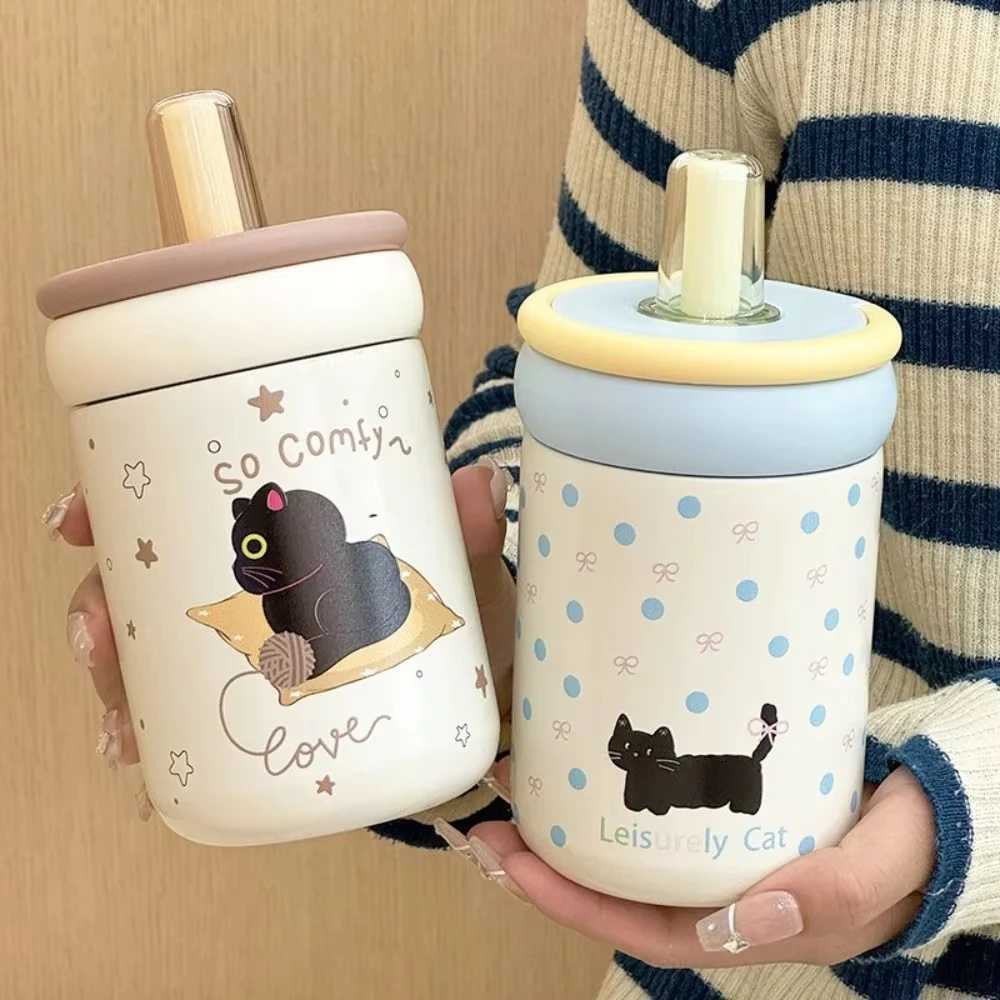 LeakProof 500ml Insulated Water Cup Cartoon Black Cat Thermos Bottle with Handle Vacuum Flask Straw Drinking Cup For Girl C251008