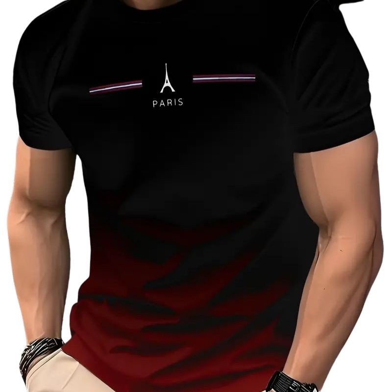 Men's Paris-Inspired Gradient Color Block T-Shirt - Eiffel Tower Graphic Casual Tee-34