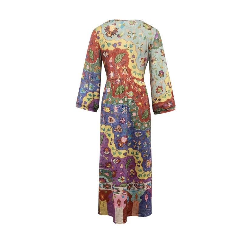 Women's Autumn New Plant Print V - Neck Long Sleeve Maxi Dress - Fashion Vacation Milk Silk Dress-CF51105