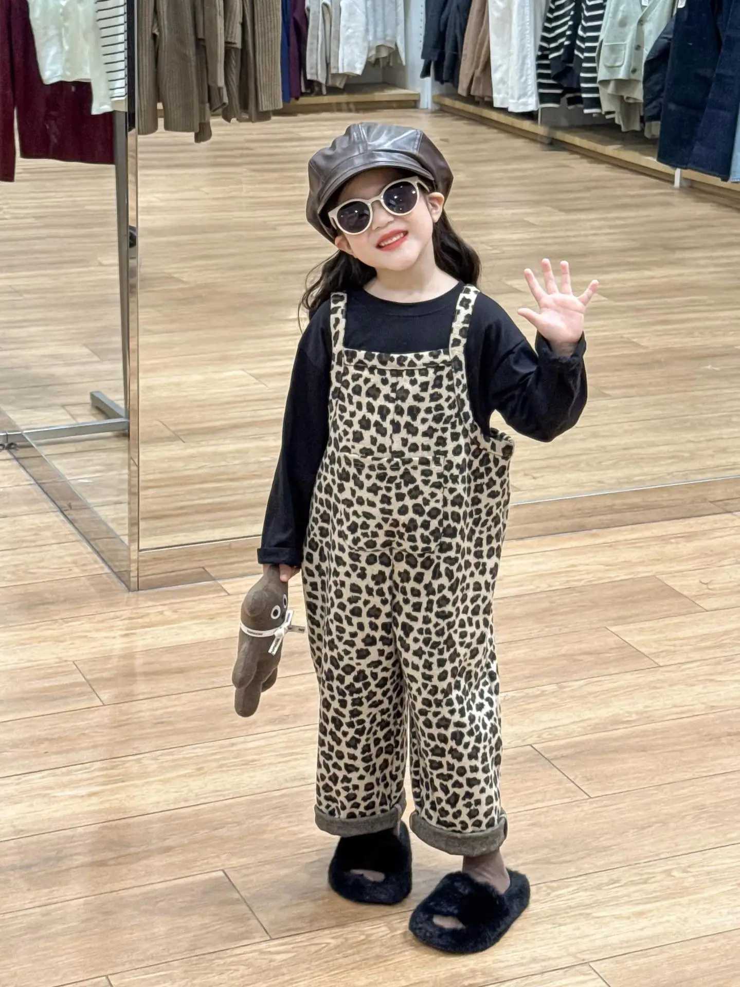 Korean Childrens Back Hairball Leopard Print Overalls Kids Girls Jumpsuit C251009