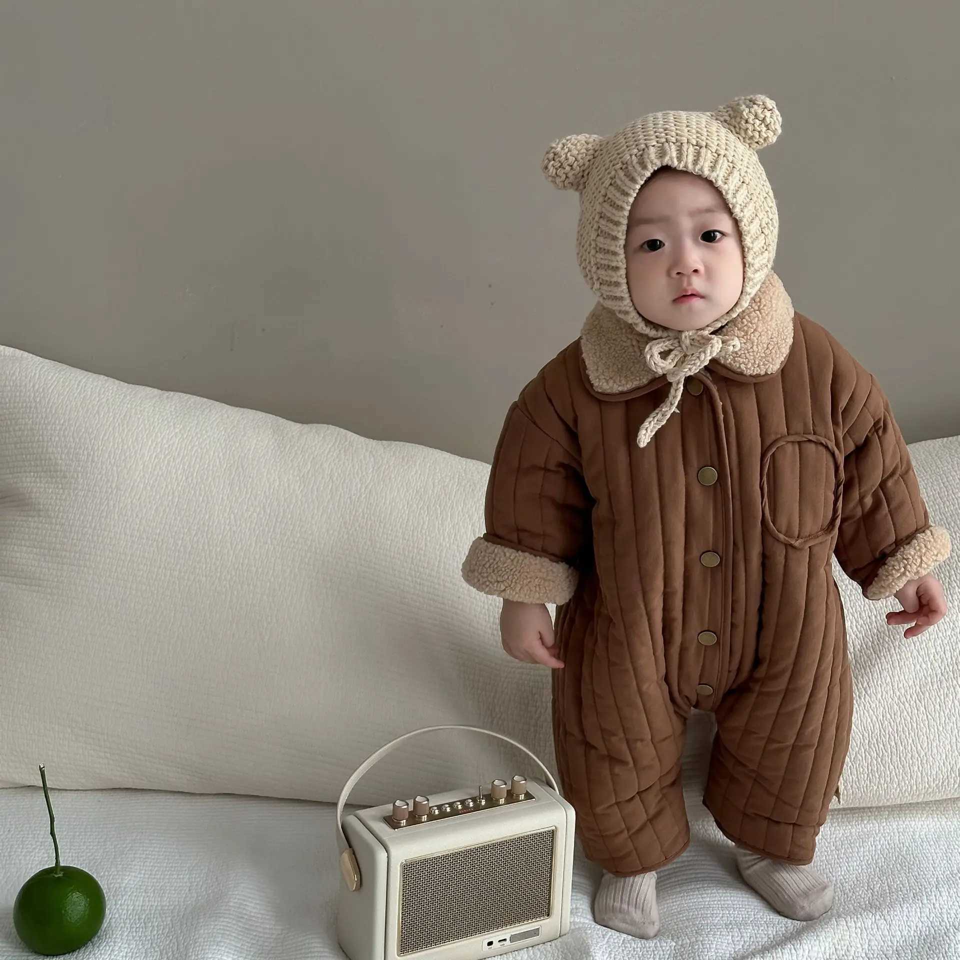Autumn Winter Toddler Retro Cardigan Plus Velvet Lapel Romper Girl Baby Cotton Thicken Warm Onepiece Boy Infant Fleece Jumpsuit C251009