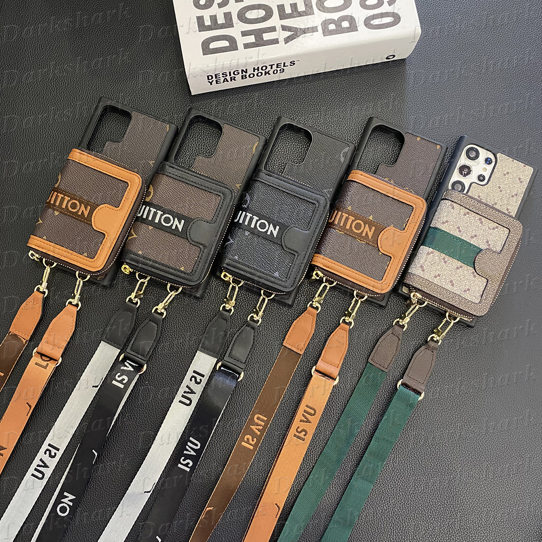 Leather Designer Zipper Card Pocket Phone Case for Samsung S26 Ultra S25 S24 S23 S22 Galaxy S21 S20 Shoulder Strap Luxury Cover iPhone Air 17 16 Plus 15 14 13 12 11 Pro Max X