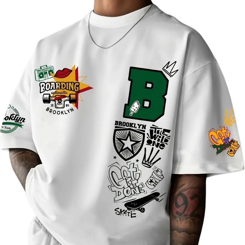 Men's Streetwear Brooklyn Graphic Oversized T-Shirt - Skateboarding & Graffiti Inspired Casual Tee-22