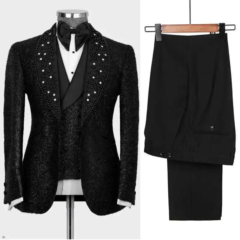 Exquisite Men's 3-Piece Suit: Crystal Embellished Wedding Tuxedos, Shawl Lapel, Customized