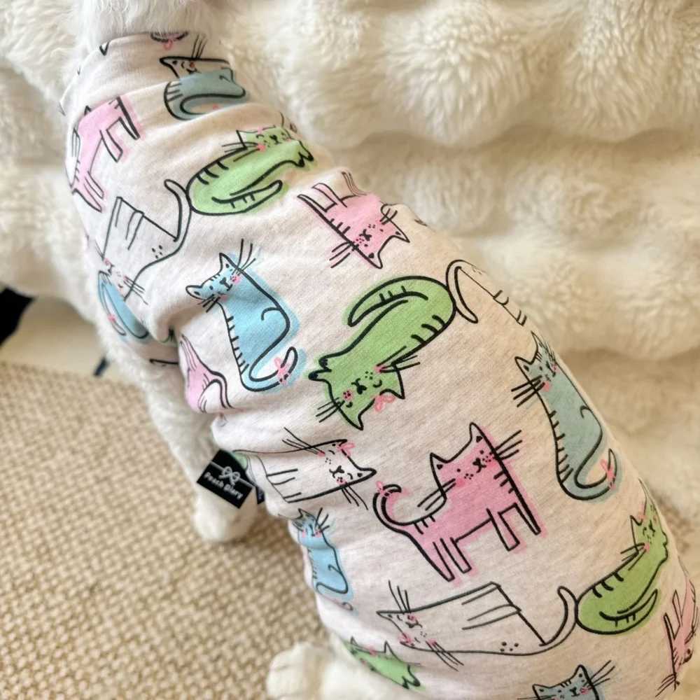 Cartoon Cat Printing Cotton Vest for Sphinx Cat in Summer Short Sleeves Tshirt for Devon Rex Light Grey Thin Coat for Devon Rex C251009