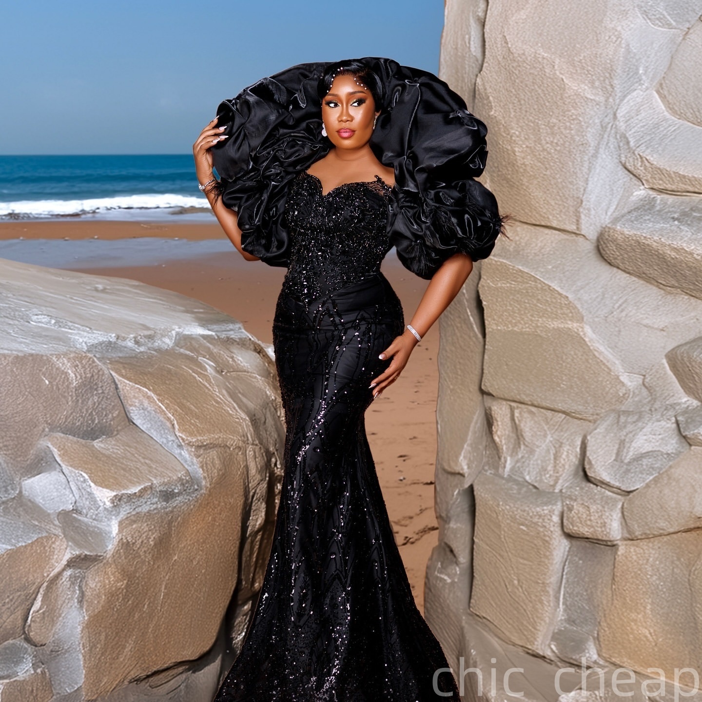 Black Mermaid Prom Dresses 2025 Beaded Sequined With A Wrap Stylish Evening Formal Party Second Birthday Engagement Gowns Plus Size Dress For Special 