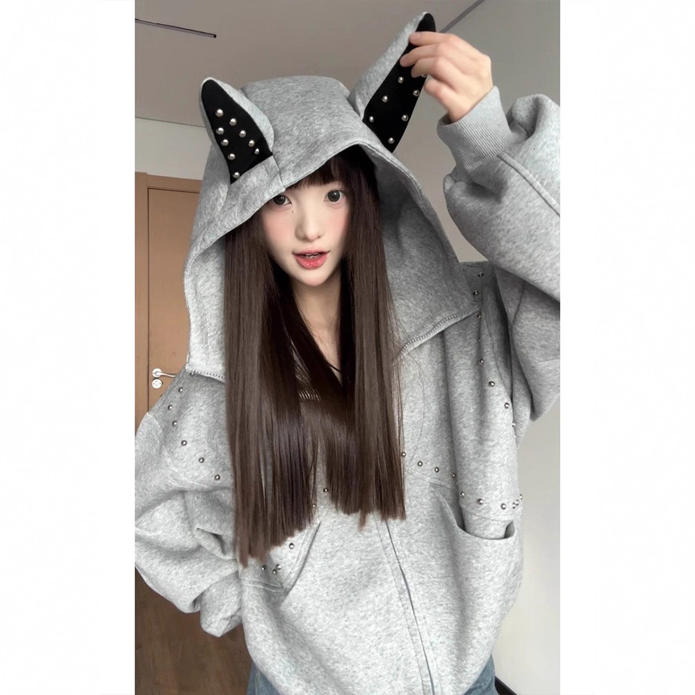 American Style Patchwork Rivet Doberman Dog Ear Hoodie For Women Designer Shirt Autumn Sweet Cool Design Designer Hoodie Couple Short Jacket
