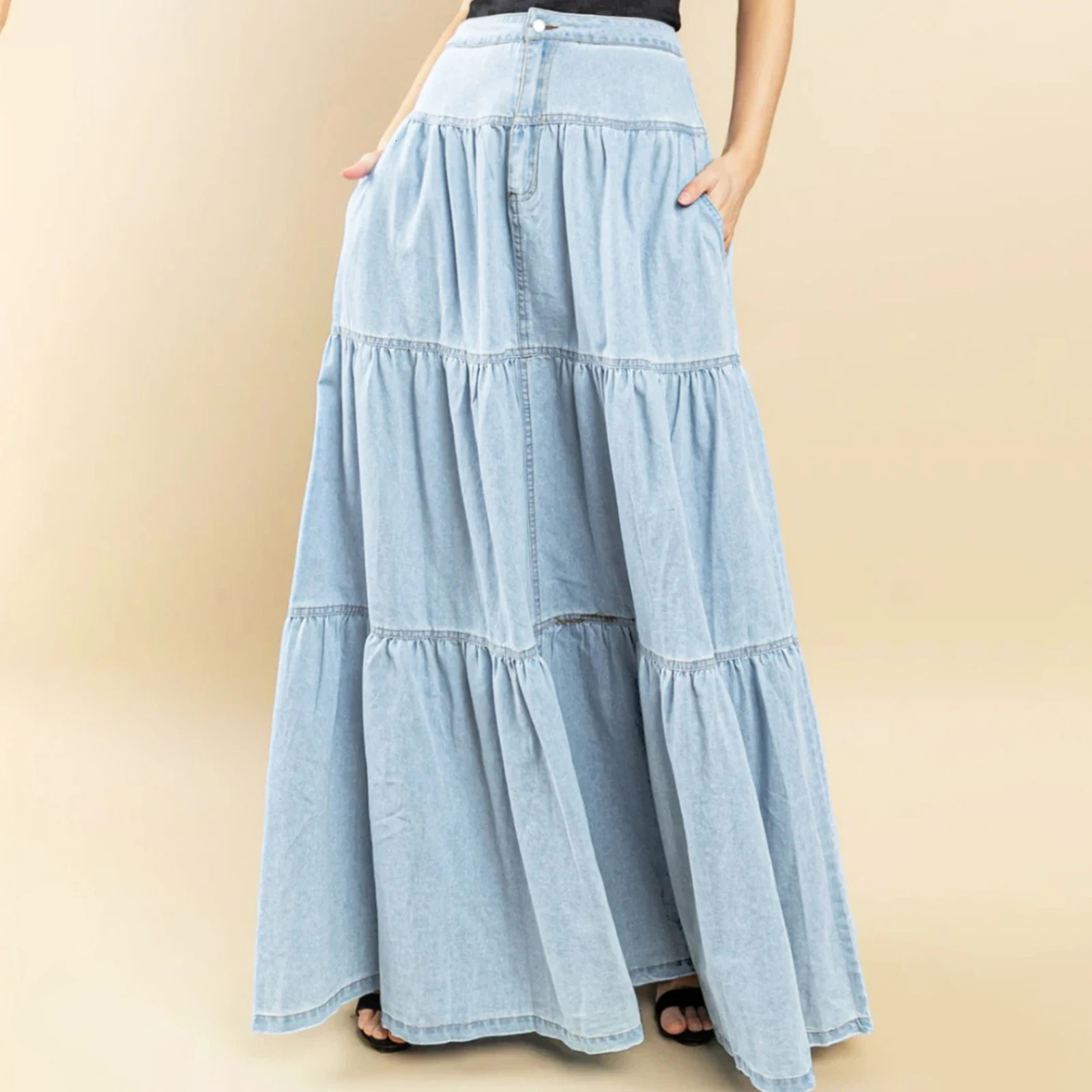 2025 Fashion Womens Denim Long Skirt Stylish Solid High Waist ALine Jean for Summer Spring 250922