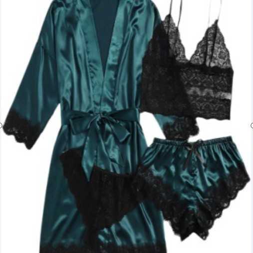 Pink Stripe Robe and Pajamas Set Women Silk Satin Lace Sleepwear Summer Sexy Faux Silk Pajamas Bathrobe Homewear Night Robe Set Z2500806