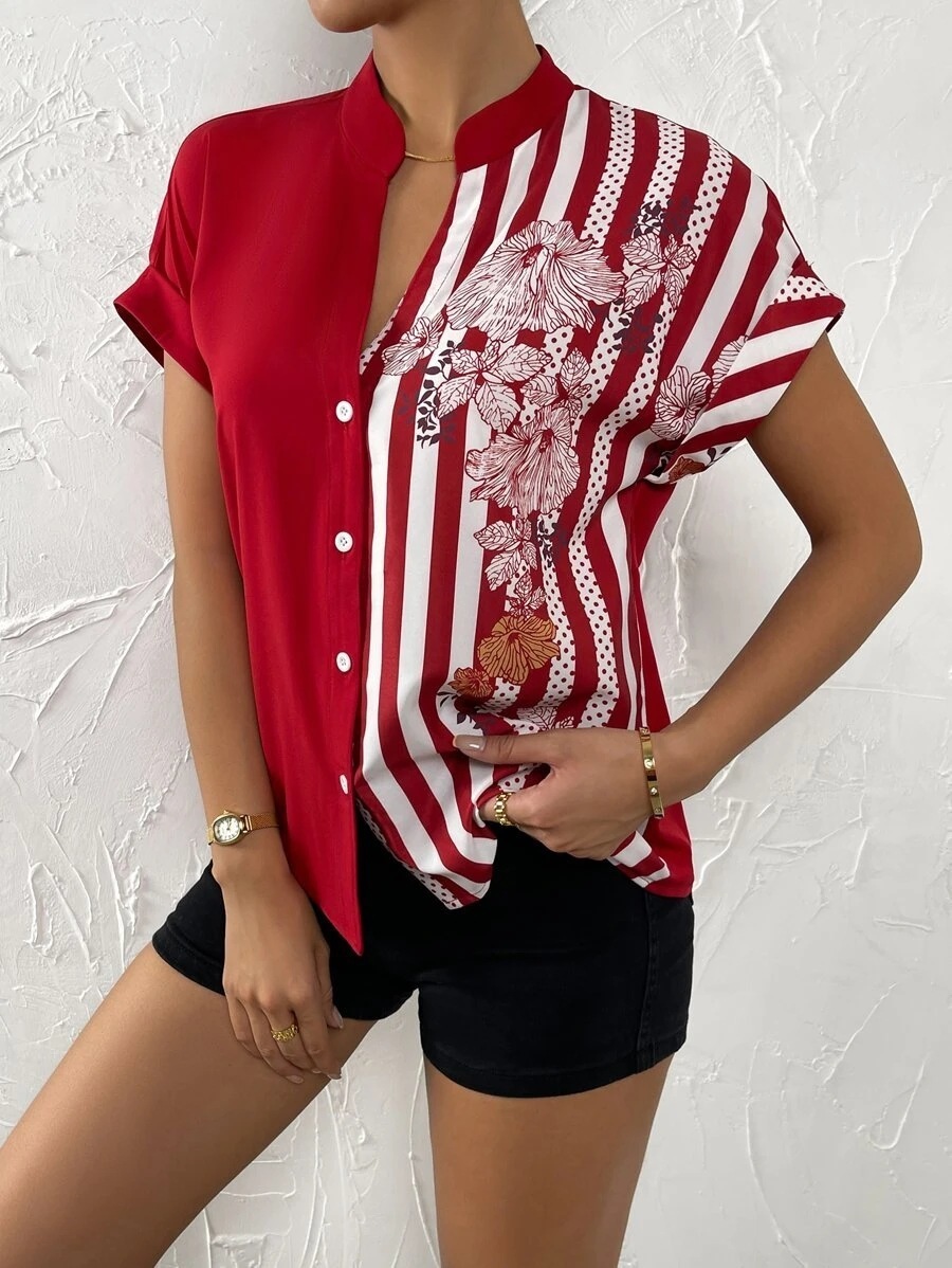 2025 Womens Summer Double Color Block Floral Button Cardigan Short Sleeve Shirt 250314