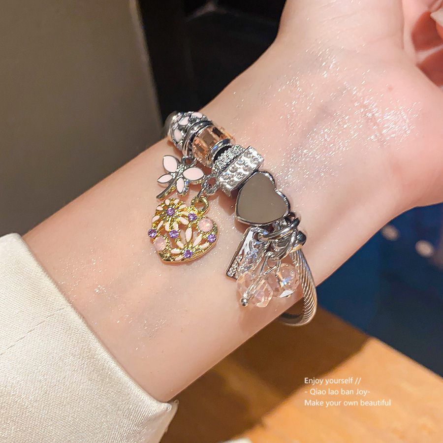 Silver - Toned Charm Bracelet With Heart - Shaped, Crystal - Encrusted And Floral - Detailed Charms Delicate Daily & Playful Jewelry Gift For Her High
