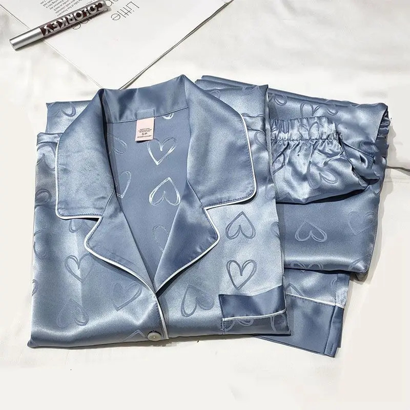Ice Silk Pajamas Womens Long Sleeve Lace Premium Sense Two Piece Suit Sweet Homewear Love Blue Ladies Sleepwear Loungewear 251009 - view 4