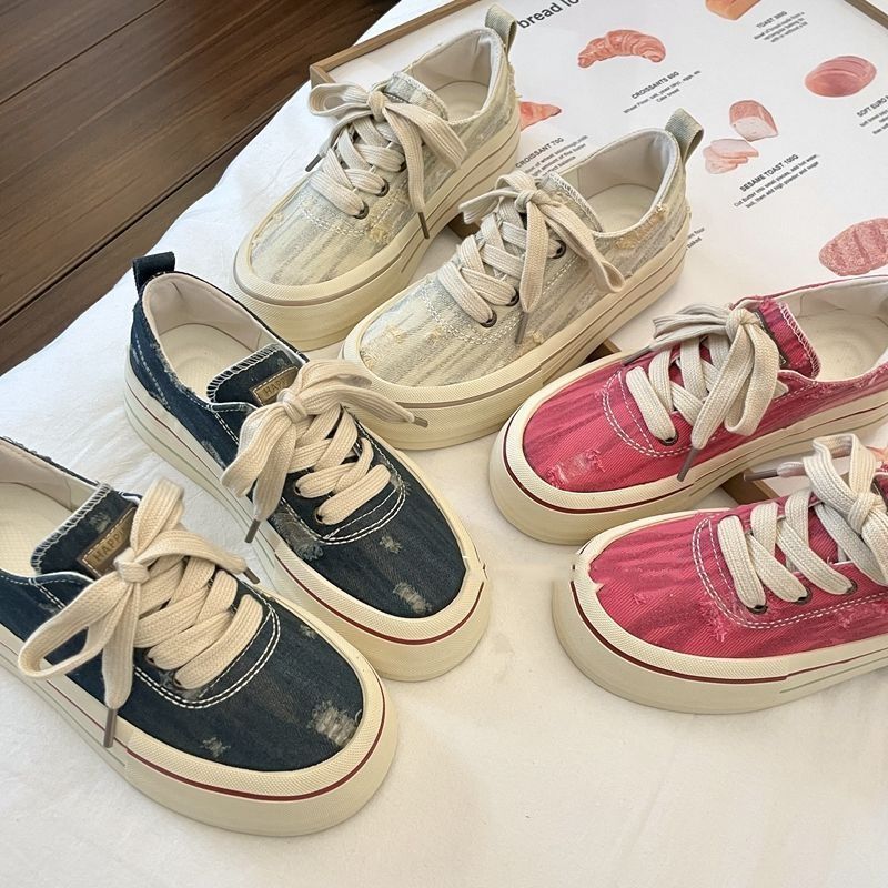 Free shipping Multi-Color Distressed Denim Platform Sneakers with Lace-Up Design Fashion Retro Stylish Versatile Casual Shoes