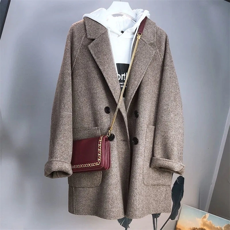 Womens Herringbone Pattern Woolen Jacket Cashmere Blazer Korean Loose Thick Coat Spring Autumn Winter y250922